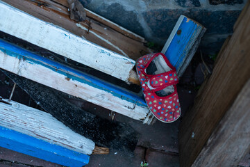 Kids shoes on representing civilian casualties in an active war zone