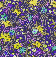 Floral seamless pattern painted in watercolor. Background with watercolor flowers and leaves in Doodle style