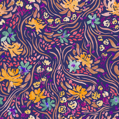Floral seamless pattern painted in watercolor. Background with watercolor flowers and leaves in Doodle style