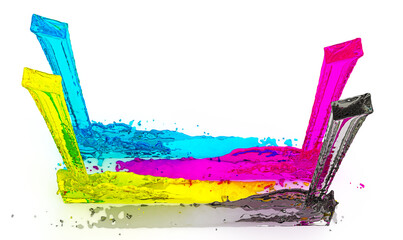 CMYK color profile for letterpress printing formed by liquids, four color, fluid simulation cyan, magenta, yellow, black, 3d rendering, 3d illustration