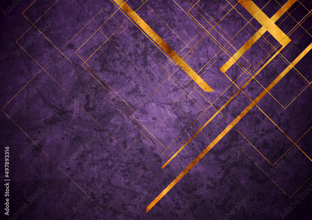 Wall mural dark violet and golden lines grunge geometric background. vector retro design