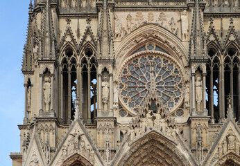 Facade details of Reims Cathedral, a Roman Catholic cathedral in the French city of the same name