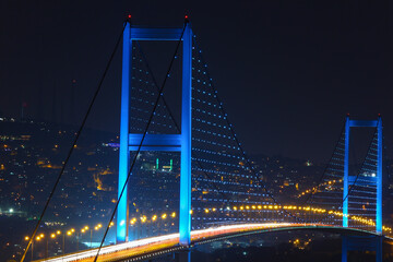 15 July Martyrs Bridge in the Night Lights Drone Photo, Uskudar Istanbul Turkey