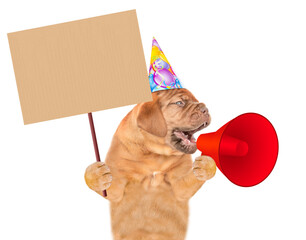 Funny puppy wearing party cap screams into a megaphone and shows empty placard. isolated on white background