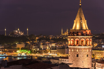 Sunset Lights in the Galata Tower Drone Photo, Beyoglu Istanbul Turkey