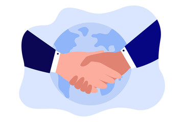 Hands of business partners making successful deal. Introduction of businessmen, handshake flat vector illustration. Relationship, partnership, agreement concept for banner or landing web page - obrazy, fototapety, plakaty