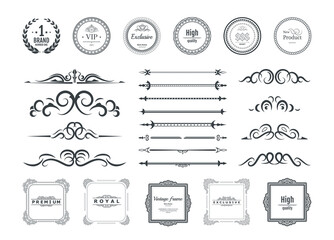 Vintage set decor elements for wedding cards, decorating valentines, vector framing title of different printed products. Vintage patterns, frames and weaves on a white background. Round business icons