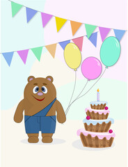 Naklejka premium happy Birthday, teddy bear with balloons, birthday greetings