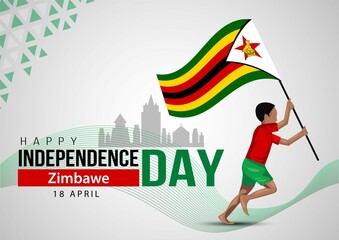18 April Zimbabwe Independence Day. template. boy running with flag. vector illustration - obrazy, fototapety, plakaty