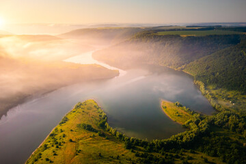 Panoramic view from a drone flying over the meander of the Dniester river. Ukraine, Europe.
