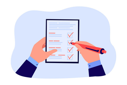 Businessmans Hands Holding Document On Clipboard And Pen. Man Confirming Business Plan Checklist With Checkmarks In Notepad Flat Vector Illustration. Inspection, Survey, Project Reminder Concept