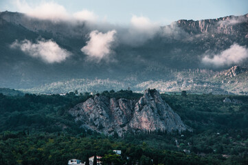 Koshka Rock on shining sea background. Simeiz town, Crimea, Russia