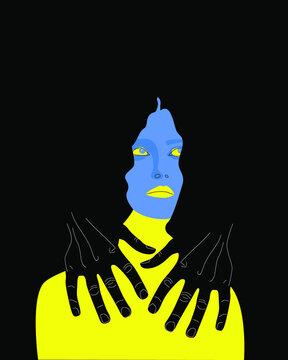 Vector image, ginseng in the yellow-blue colors of the Ukrainian flag, surrounded by dark unfriendly hands.