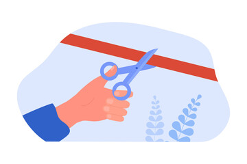 Hand cutting red long ribbon during new project launch. Person holding scissors to open business event, presentation or ceremony flat vector illustration. Inauguration, celebration, promotion concept