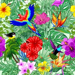 Crédence de cuisine en verre imprimé Dessiner Oiseaux sauvages et nature tropicale Motif textile répété sans couture Art vectoriel