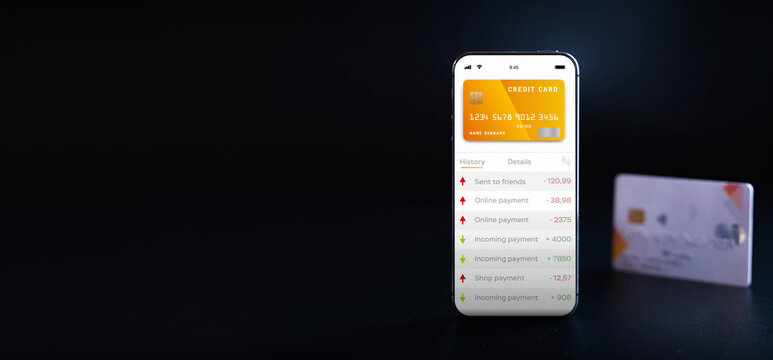 E banking concept. Mobile phone with internet online bank app. Credit card on black background. Online wallet save money.
