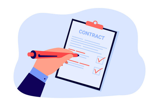 Hand Of Person Signing Business Contact. Character Writing On Document Or Sheet Of Paper With Pen Flat Vector Illustration. Agreement, Paperwork Concept For Banner, Website Design Or Landing Web Page