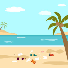 Fototapeta na wymiar Dirty beach with many garbage plastic bag and bottles in flat design.