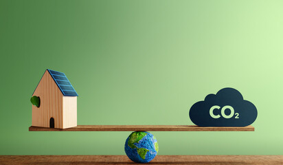 Carbon Neutral Concepts. Clean Energy. Green Power. Globe Balancing between a Solar Rooftop House...