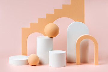 Abstract background with various geometrical forms and  podiums in pastel color for product presentation. Podium to show cosmetic products.