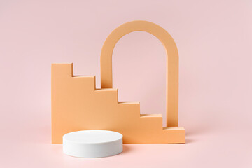 Cylinder podium with stairs and arch. Abstract background with various geometric shapes in pastel...
