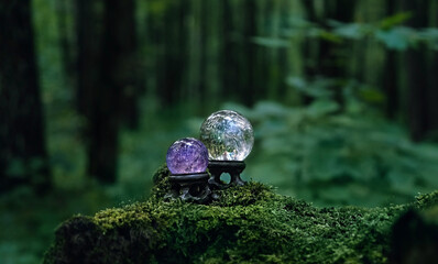 crystal balls of clear quartz and amethyst in mysterious forest, natural dark green background....