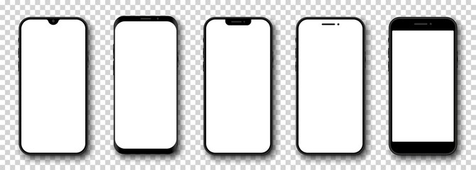 Smartphone mockup set. 3d Mobile phoe models. Front view. Phones with white screen and shadow on transparent background