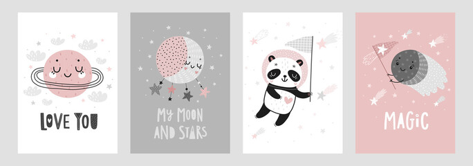 Fototapeta na wymiar Space Dreams prints, childish hand drawn cards with moon, stars and planets.