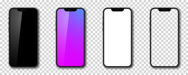 Smartphone mockup set. 3d Mobile phoe models. Front view. Phones with shadow on transparent background