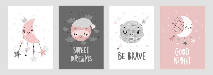 Space Dreams prints, childish hand drawn cards with moon, stars and planets.