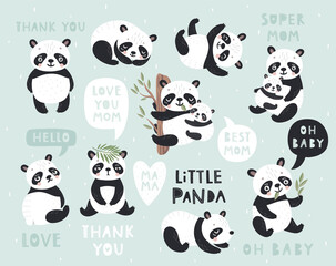 Panda set hand drawn style. Vector illustration.