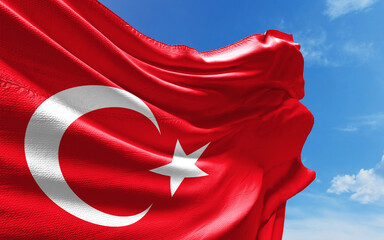 Turkish Flag is Waving Against Blue Sky with Clouds
