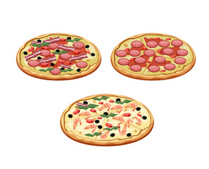Pizza set. Italian food. Vector stock illustration. isolated. Cuisine. Stuffed dough. Bacon and tomatoes. Olives and shrimp.