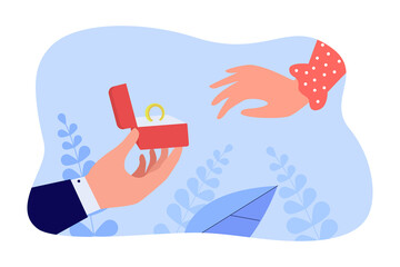 Hand of boyfriend holding red box with classic engagement ring. Wedding day or ceremony flat vector illustration. Commitment, celebration, proposal concept for banner, website design or landing page