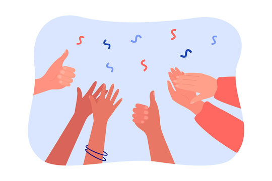 Hands Clapping And Giving Thumbs Up. Crowd Of Diverse People Applauding, Audience Cheering Flat Vector Illustration. Success, Celebration, Support Concept For Banner, Website Design Or Landing Page