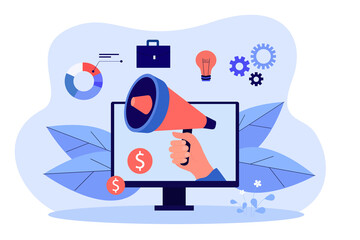 Business data analysis and hand holding megaphone. Computer screen, smart marketing, digital payment flat vector illustration. Internet, communication concept for banner or landing web page - obrazy, fototapety, plakaty