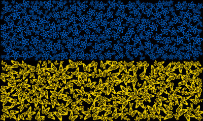 Flowers and butterflies in the shape of the national flag of Ukraine in yellow and blue colors