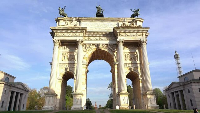 Europe, Italy , MIlan April 2022 - Arch of Peace ( Arco della Pace )  after  finish of lockdown due Covid-19 Coronavirus epidemic -  tourist coming to visit the art and sightseeing in  city downtown