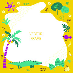 Square frame with crocodile, sun, bananas, bird, tropical plants and palm trees. Creative children's image of the jungle. Colored African landscape. Vector illustration for children.