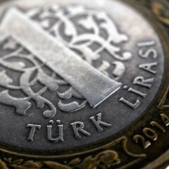 Translation: Turkish lira. Fragment of Turkish 1 lira coin close-up. National currency of Turkey. Square illustration for news about economy or finance. Macro