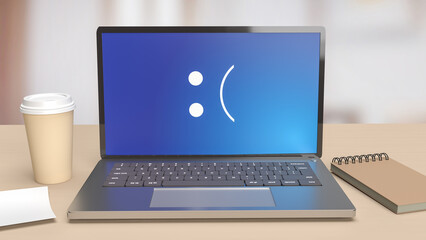 The laptop on wood table showing  blue screen error   3d rendering