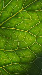 Fresh plant leaf close-up in the sun. Mosaic pattern of green cells and yellow veins. Abstract vertical background on a vegetable theme. Beautiful mobile phone wallpaper. Horseradish leaf. Macro