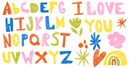 Colorful cute handwriting letters, alphabet  isolated elements with flowers and leaves 