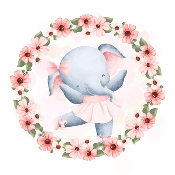 Watercolor Illustration Elephant Ballerina and flower wreath © Stella