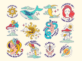 Vintage celestial groovy set of stickers with inspirational quotes. Free spirit slogans with funky retro elements, celestial and floral badges. Graphic prints for tee t shirt or motivation poster. - obrazy, fototapety, plakaty