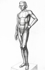 Fototapeta na wymiar academic drawing - portrait of man standing on podium hand-drawn by graphite pencil on white paper