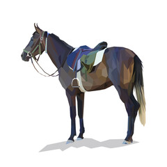 ark brown horse of polygons isolated over a white background, standing poligonal crow horse with saddle, vector illustration of stallion with harness, many dark shades.