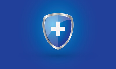 Blue shield with white cross on blue background, Virus protection banner 