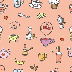 Seamless pattern with food, drinks and utensils on pink background. Doodle cafe wallpaper. Cute vector print.