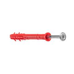 Metal nail, self-tapping screw, screw with a plastic dowel for construction work and repair on a white isolated background.